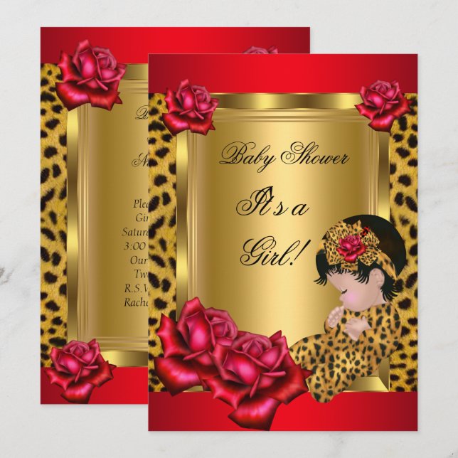 Baby Shower Girl Red Gold Rose Leopard Custom Einladung (Vorne/Hinten)