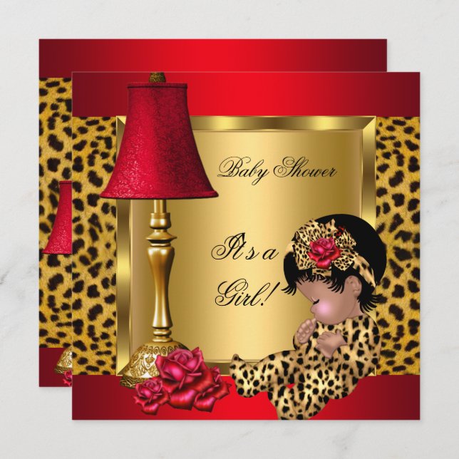 Baby Shower Girl Red Gold Rose Leopard OM Einladung (Vorne/Hinten)