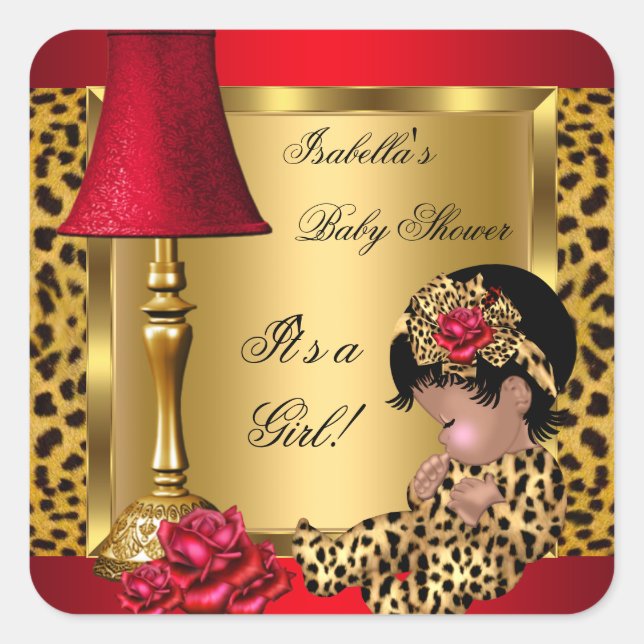 Baby Shower Girl Red Gold Rose Leopard OM Quadratischer Aufkleber (Vorderseite)