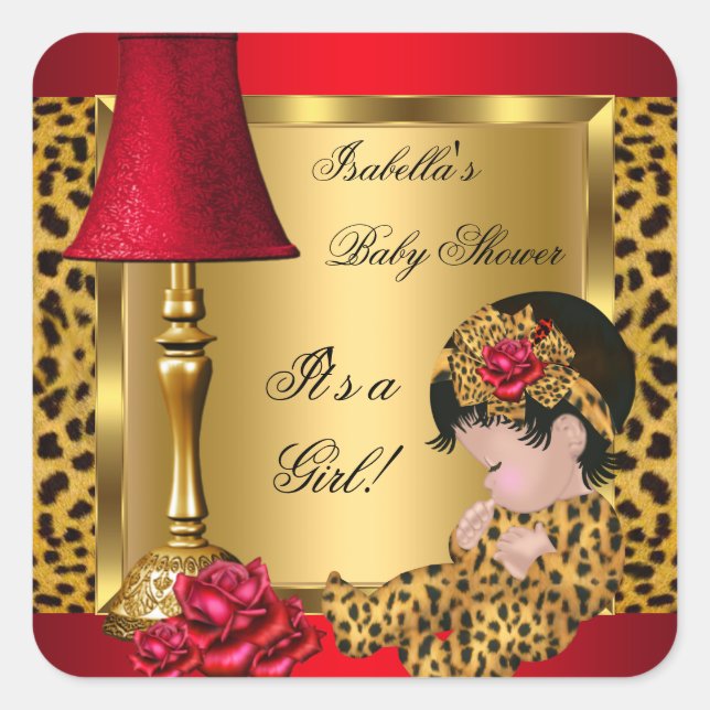 Baby Shower Girl Red Gold Rose Leopard Quadratischer Aufkleber (Vorderseite)