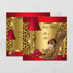 Baby Shower Girl Red Gold Rose Leopard Schuhe 1 Einladung