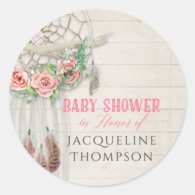 Baby Shower Girl Rose BOHO Bohemisch Dream Catcher Runder Aufkleber (Vorderseite)