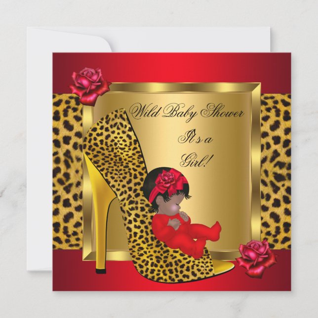 Baby Shower Girl Rote Rosen Gold Wild Leopard 2 Einladung (Vorderseite)