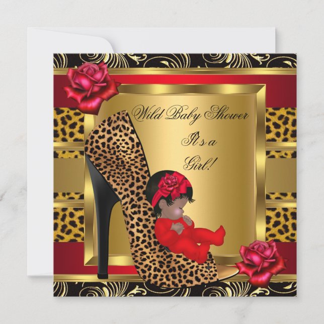 Baby Shower Girl Rote Rosen Gold Wild Leopard 3 Einladung (Vorderseite)