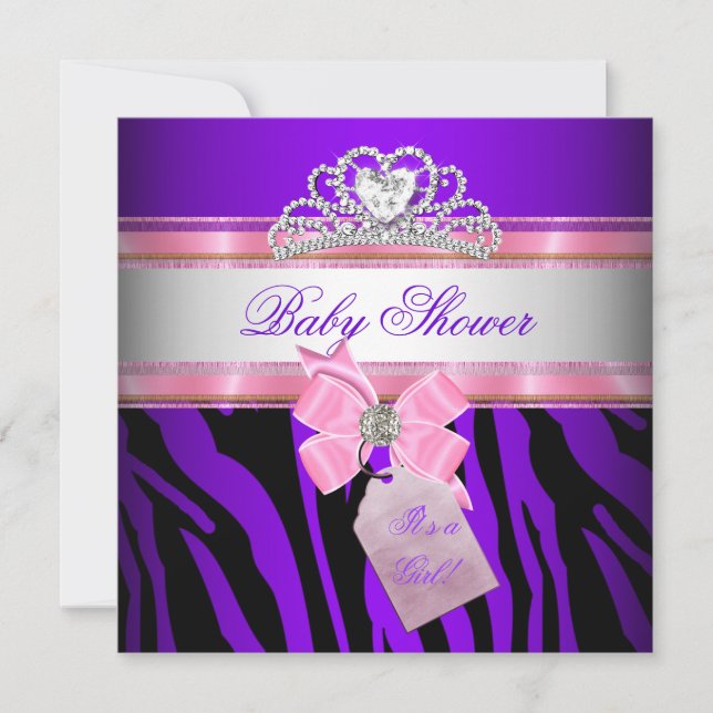 Baby Shower Girl Zebra Pink Lila Princess Einladung (Vorderseite)