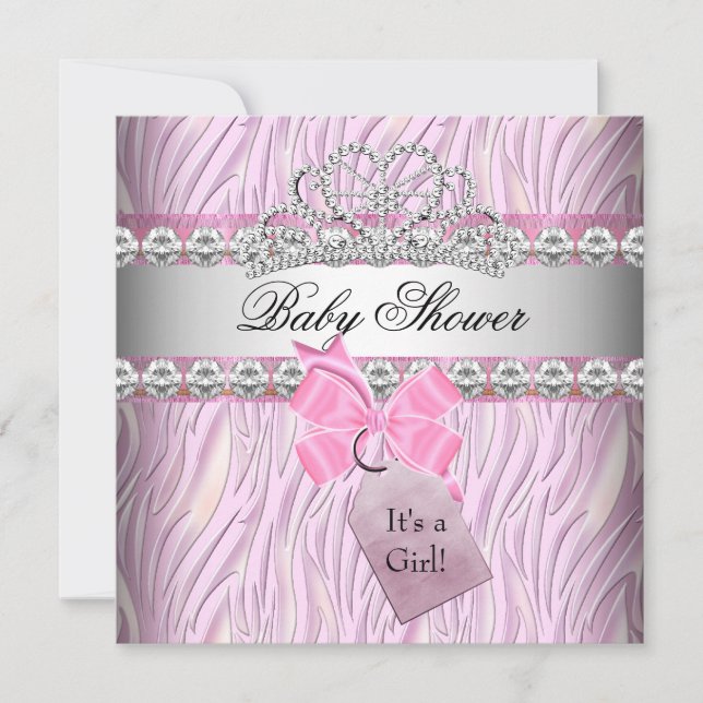Baby Shower Girl Zebra Pink Princess Tiara Diamond Einladung (Vorderseite)