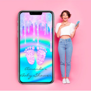 Baby Shower Girly Feet Tropfen Unicorn Holograph O Einladung