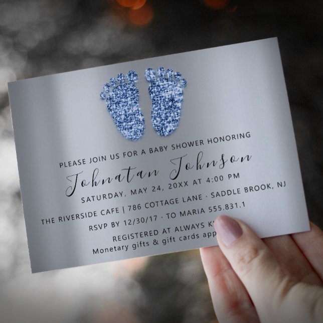 Baby Shower Glitzer Blue Feet Gray Boy Girl Einladung (Von Creator hochgeladen)