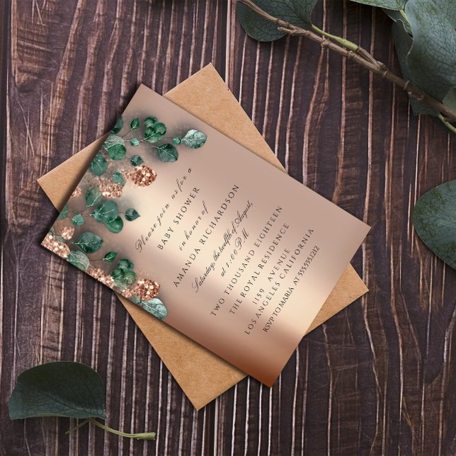 Baby Shower Glitzer Feet Rose Glitzer Eucalyptus Einladung (Baby Shower Glitter Feet Rose Glitter Eucalyptus Invitation)