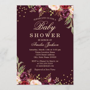 Baby Shower Gold Burgundy floral Glanz Einladung