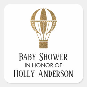 Baby Shower Gold Glitter Heißluftballon mit Namen Quadratischer Aufkleber