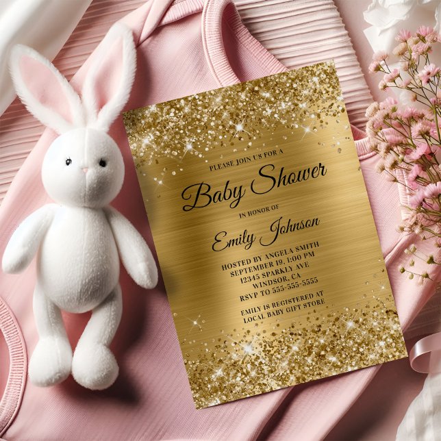 Baby Shower Gold Glitterie Foil Extravagantes Skri Einladung (Baby Shower Gold Glittery Foil Fancy Script Invitation)