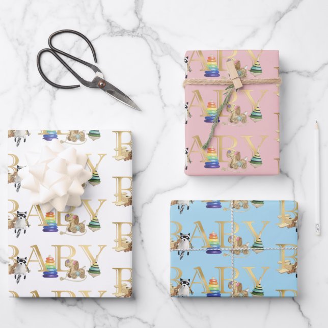 Baby Shower Gold Schriftart Vintag Toys Geschenkpapier Set (Vorderseite)