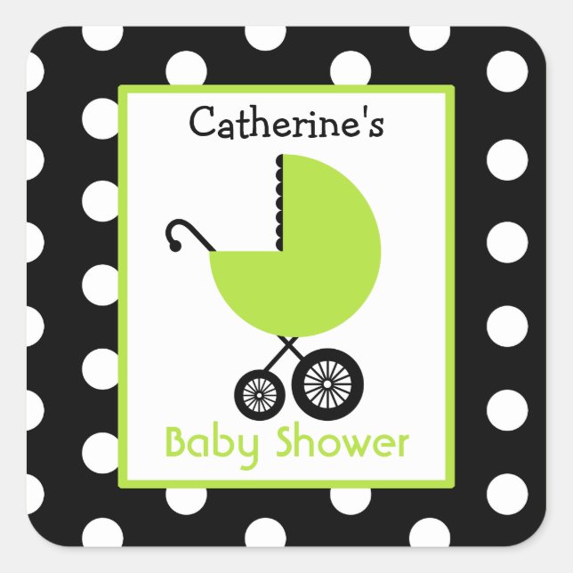 Baby Shower Green Carriage & Polka Dots Quadratischer Aufkleber (Vorderseite)