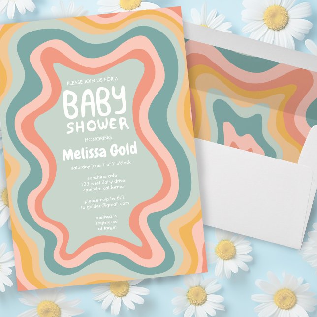 BABY SHOWER Groovy Pastel Curves CUSTOM Einladung (Colorful pastel curves baby shower custom invitation with matching envelopes too!)