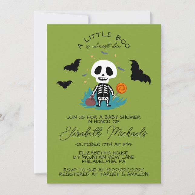 BABY SHOWER Halloween | Lil' Boo Skeleton Mitteilungskarte (Vorderseite)