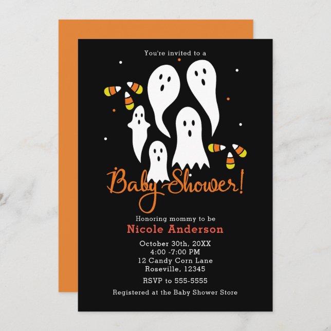 Baby Shower Halloween-Party Ghosts & Candy Corn Einladung (Vorne/Hinten)