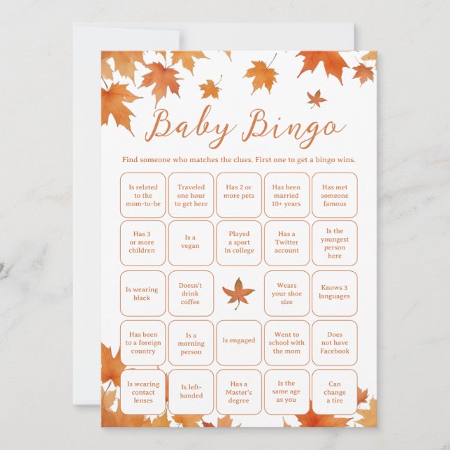 Baby Shower Herbst Bingo-Spielkarte für Gäste Einladung (Vorderseite)