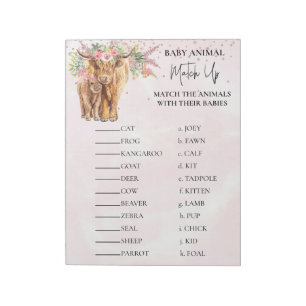Baby-Shower Highland-Kuh Rosa Tier-Match-Up  Notizblock
