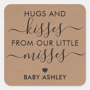Baby Shower Hugs and Kisses Tag, Baby Girl, Kraft Quadratischer Aufkleber