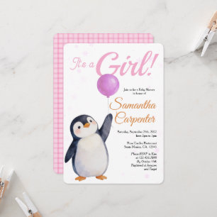 Baby Shower im Wasserfarbenstil mit Pinguin und ro Einladung