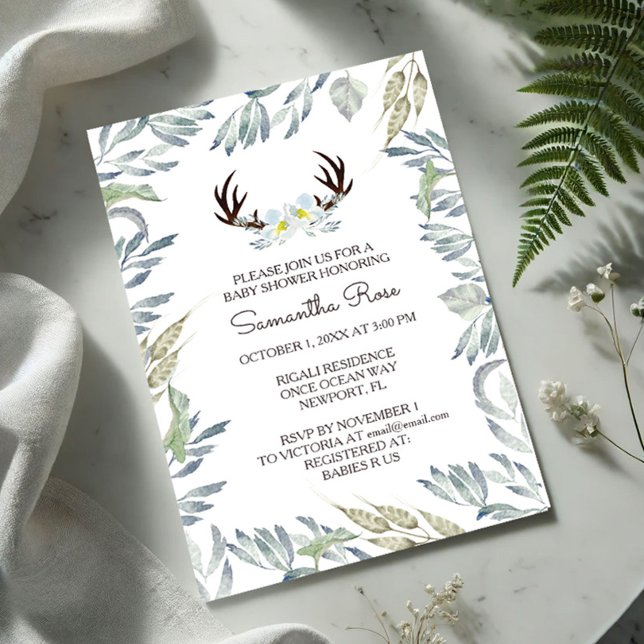 Baby Shower Invitation Boy, rustikal Einladung (Baby shower invitations features deer antlers, flowers and a boarder or greenery by VG Invites)