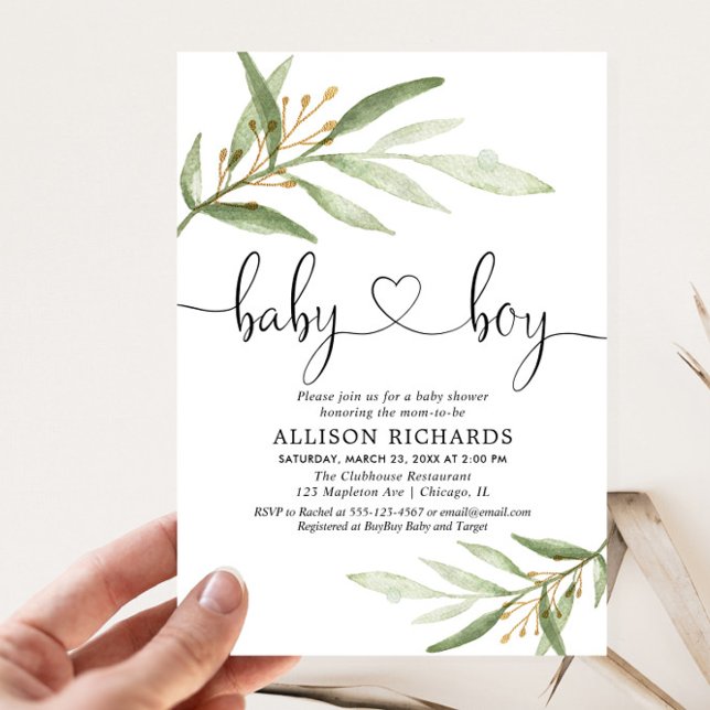 Baby shower invitation boy simple modern greenery einladung (Von Creator hochgeladen)