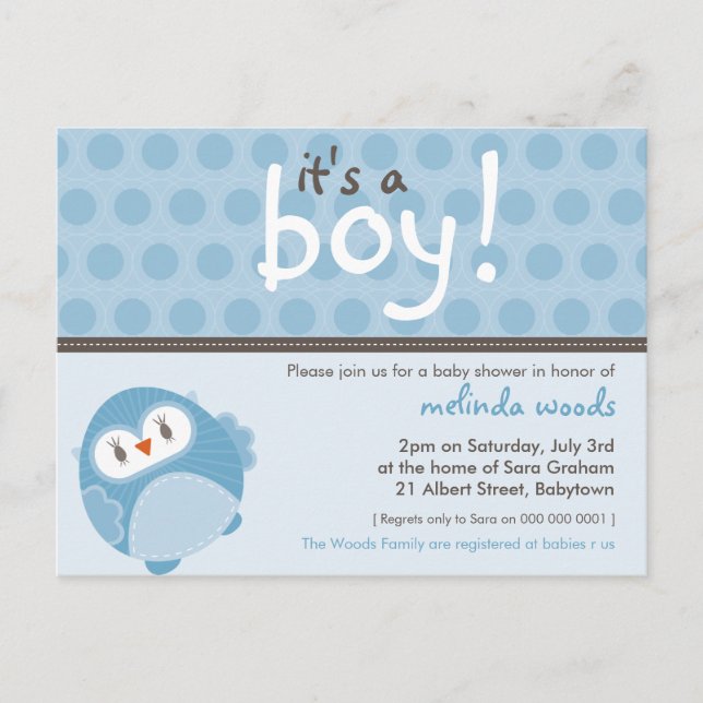 BABY SHOWER INVITATION :: Es ist eine Junge Eule 7 Einladungspostkarte (Vorderseite)