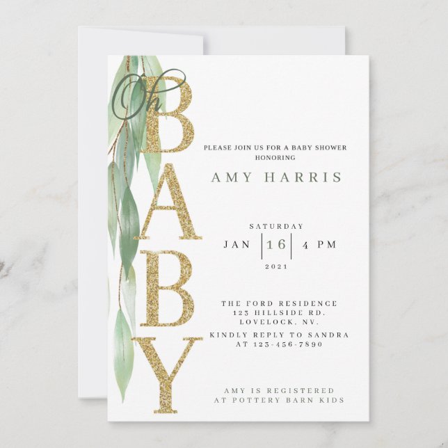 BABY SHOWER INVITATION|green|Sage green Einladung (Vorderseite)