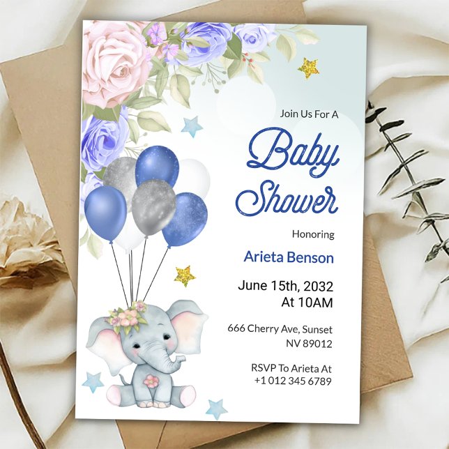 Baby shower invitation with a cute elephant  einladung (Von Creator hochgeladen)