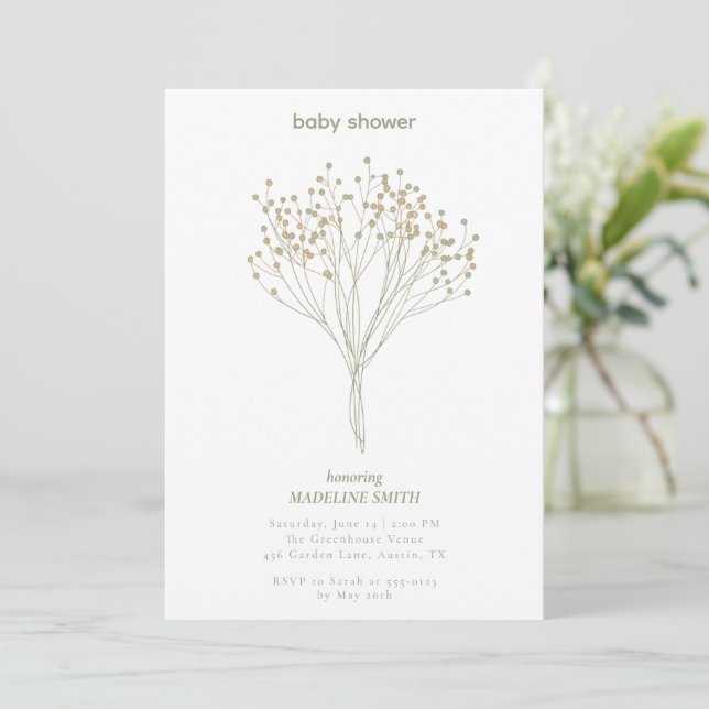 Baby Shower Invitation with Delicate Floral Art Einladung (Stehend Vorderseite)