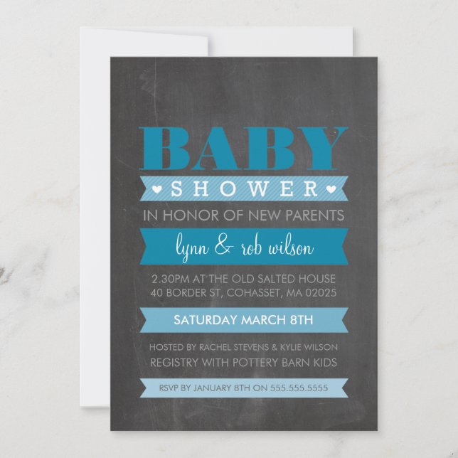 BABY SHOWER INVITE Moderne Kalkboard blau Einladung (Vorderseite)