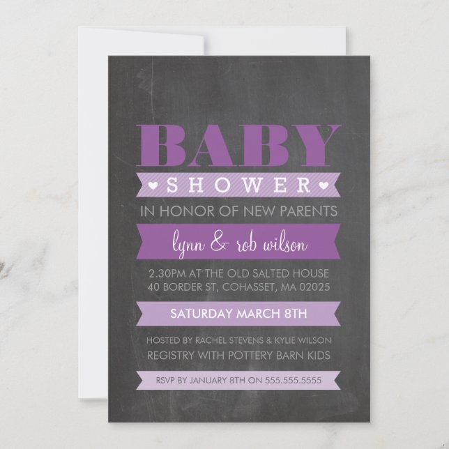 BABY SHOWER INVITE Modernes Chalkboard lila Einladung (Vorderseite)