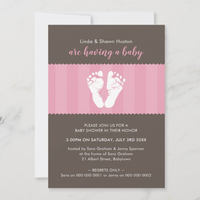 BABY SHOWER INVITE niedliche Herzfußspuren rosa Einladung (Vorderseite)