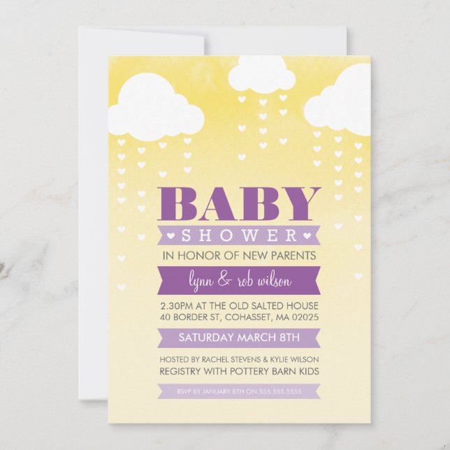 BABY SHOWER INVITE ombre Aquarell lila gelb Einladung (Vorderseite)