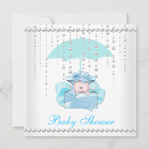 Baby Shower Junge Baby Blau Schirm Perle Weiß Einladung
