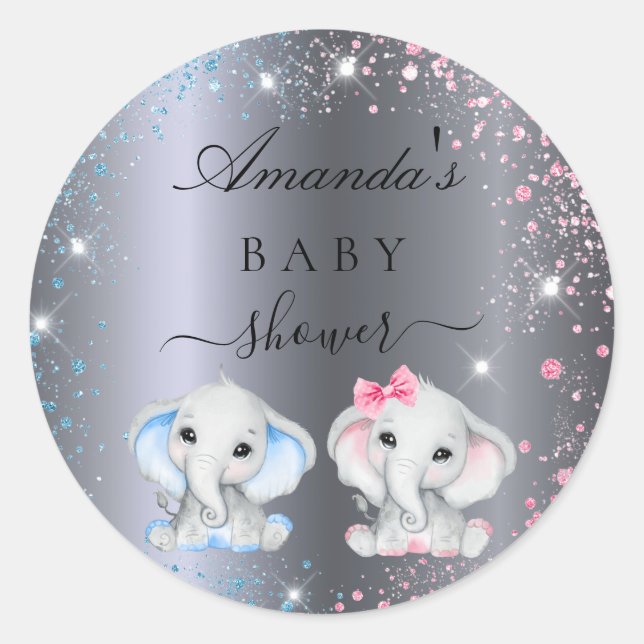 Baby Shower Junge Baby Elefanten Silber Runder Aufkleber (Vorderseite)