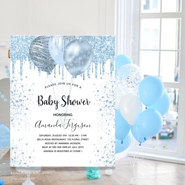 Baby Shower Junge Blau Glitzer Ballons Einladung (Von Creator hochgeladen)