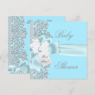 Baby Shower Junge Blau Türkis Grau Weiß Spitze Einladung