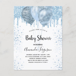 Baby Shower Junge blauer Glitzer Ballons Silber Einladungspostkarte