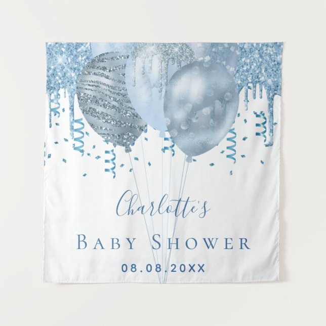 Baby Shower Junge blauer Glitzer Ballons silber we Wandteppich (Vorderseite)