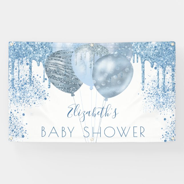Baby Shower Junge Blue Silber Glitzer Ballons Banner (Horizontal)