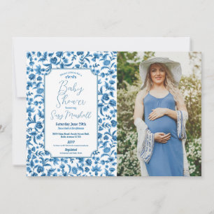 Baby Shower Junge Chintz Blau Foto Floral Ditsy Einladung