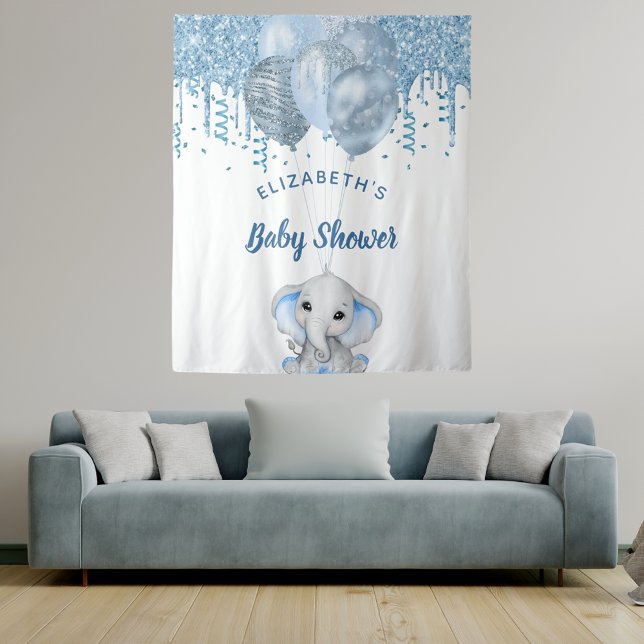 Baby Shower Junge hellblauer Glitzer Elefant Silbe Wandteppich (Von Creator hochgeladen)