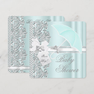 Baby Shower Junge Mint Blau Grau Weiß Spitze Einladung