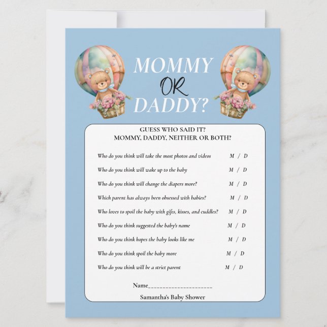 Baby Shower Junge Mommy oder Daddy Hot Air Ballon Einladung (Vorderseite)