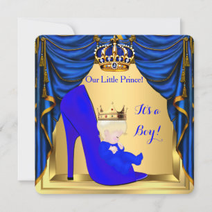 Baby Shower Junge Prinz Royal Blau Schuh Gold 4 Einladung