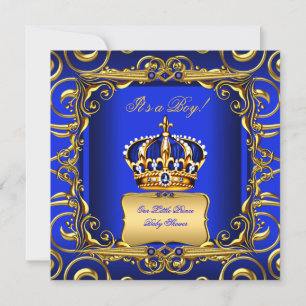 Baby Shower Junge Royal Blau Damast Goldene Krone Einladung