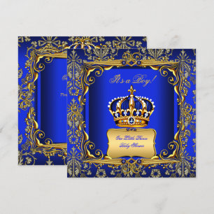 Baby Shower Junge Royal Blau Damast Goldene Krone Einladung