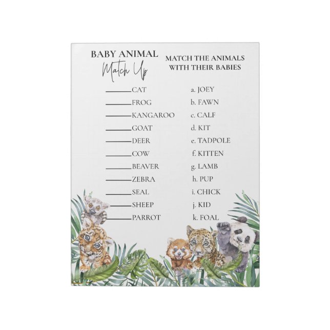 Baby Shower Jungle Tropical Match Up Game Notizblock (Rotiert)